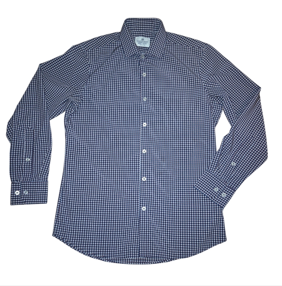 Mizzen+Main Blue Check Poly-Spandex Long Sleeve Button Up‎ Trim Fit Shirt Size M